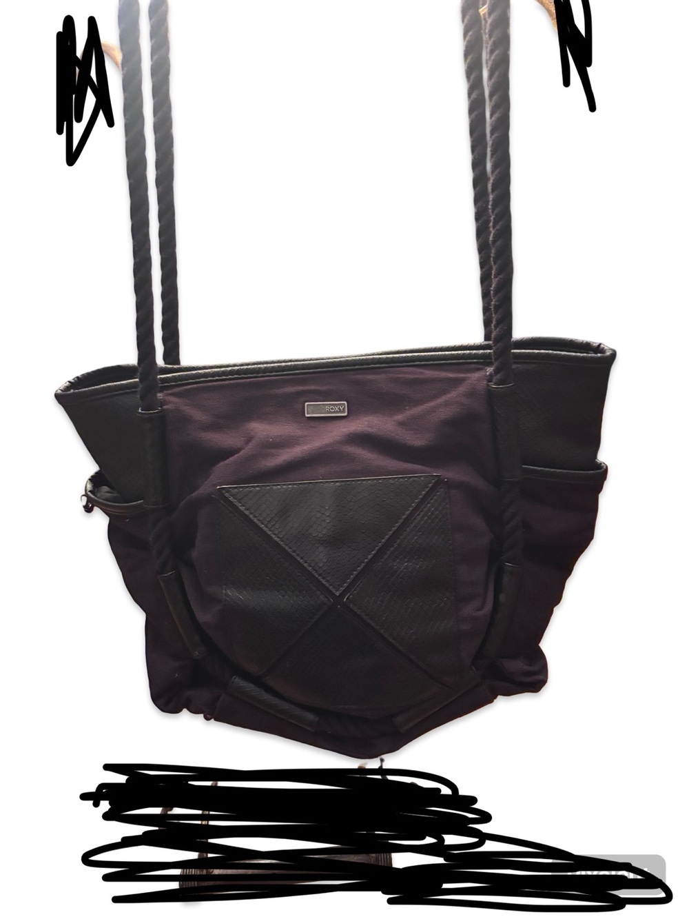 Roxy Plum and Black Rope-Handle Canvas Tote